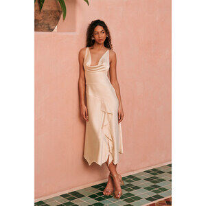 Lulus Evette Pale Yellow Satin Cowl Ruffled Handkerchief Midi Dress - Size L